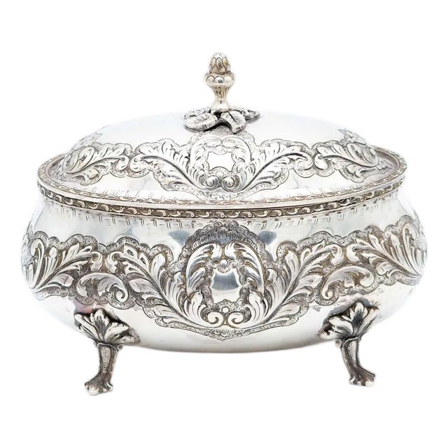 Silver Bowls with Plant Reliefs, Acorn-Shaped Lid Handle and Cut-Out Feet For Sale