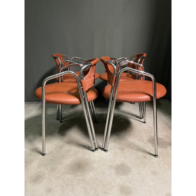 Great set of ITALIAN dining chairs, late 1970's. Leather upholstery and chrome frames all in very good condition.