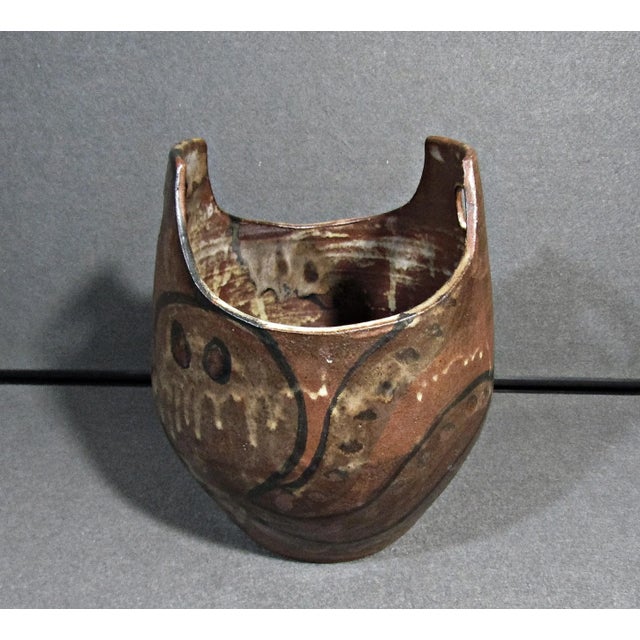 Rustic Handcrafted Stoneware Abstract Glaze Design Vessel by Nancy Pawel, San Antonio, Texas For Sale - Image 3 of 9