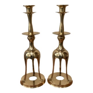 Mid 20th Century Japanese Solid Brass Open Base Candlesticks- a Pair For Sale
