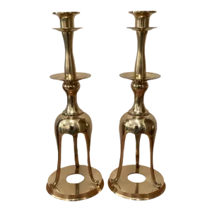 Mid 20th Century Japanese Solid Brass Open Base Candlesticks- a Pair