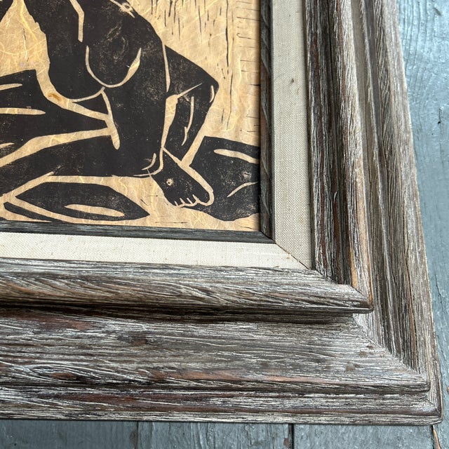1960’s original female nude woodblock print in vintage whitewash wood frame. Measures 8x10 or about 15x17 framed. Check...