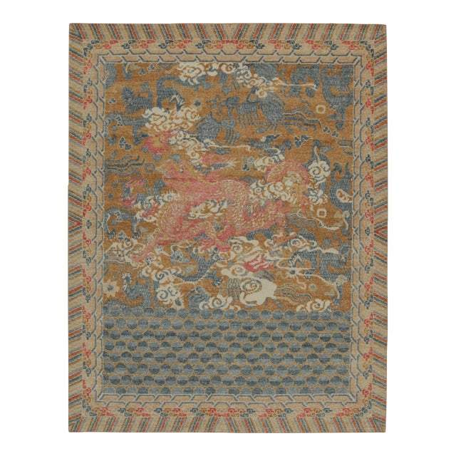 Rug & Kilim’s Distressed Style Dragon Rug in Ochre, Blue and Red Pictorial For Sale
