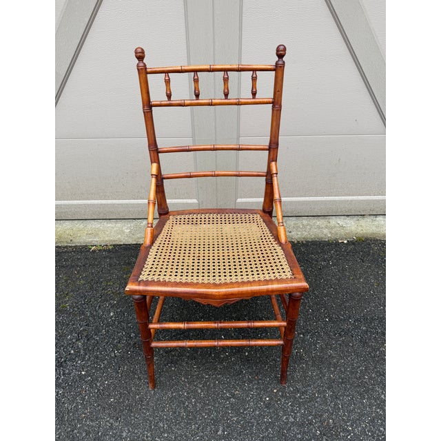 Victorian Antique Faux Bamboo R J Horner Style Caned Accent Chair For Sale - Image 3 of 18