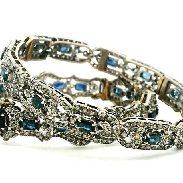 Metal Vintage Indian Sapphire and Diamond Bracelet Set, Silver and 14k Gold, Circa 1950, 2 Pieces For Sale - Image 7 of 9
