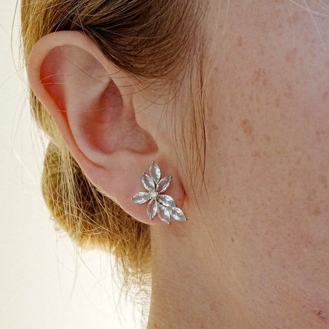 Contemporary Nina Zhou Aquamarine Diamond Cluster Earrings in 14k Gold - a Pair For Sale - Image 3 of 14