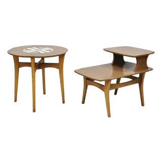 Vintage Mid Century Modern Walnut & Formica Round & Step Side Table Set - 2 PCS For Sale