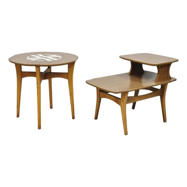 Vintage Mid Century Modern Walnut & Formica Round & Step Side Table Set - 2 PCS For Sale