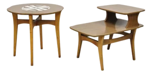 Vintage Mid Century Modern Walnut & Formica Round & Step Side Table Set - 2 PCS