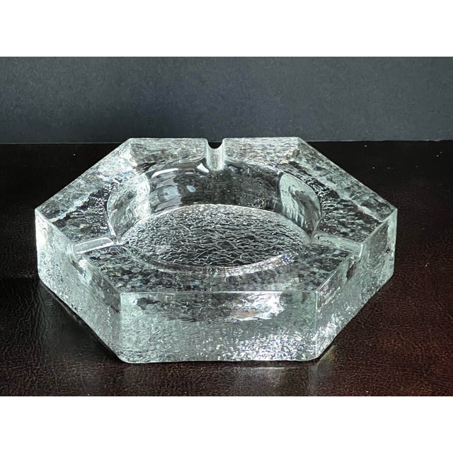 Vintage MCM hexagon shaped ice glass ashtray with 3 cigarette slots. This extra large, substantial ashtray measures 7.5”...