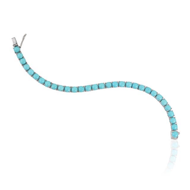 Metal Cushion Cut 18.1 Ct Turquoise Prong Set Tennis Bracelet in 925 Sterling Silver For Sale - Image 7 of 12