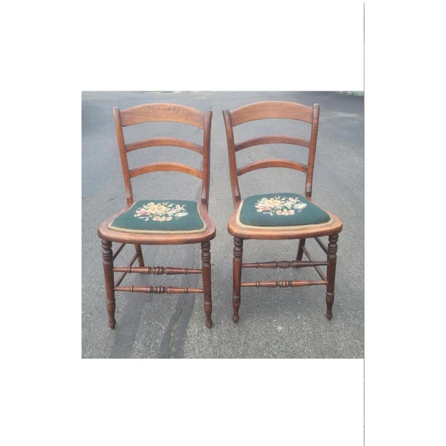 A Pair of Early 20th Century Victorian Style Ladder Back Walnut and Needlepoint Upholstered Seat Side Chairs For Sale - Image 4 of 11