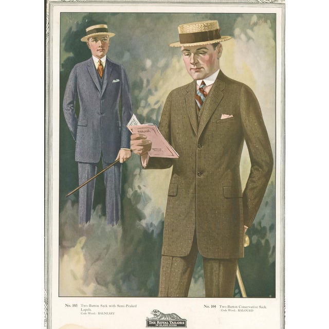 Original vintage men's fashion advertising plate from The Royal Tailors, Inc., “In 10,000 Cities.” Features two sharply...