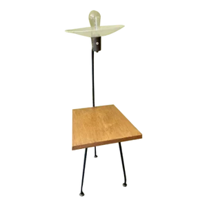 1950s Mid-Century Modern Side Table - Black Iron and White Teak Side Table 3 Leg With Acrylic Shade Up Light