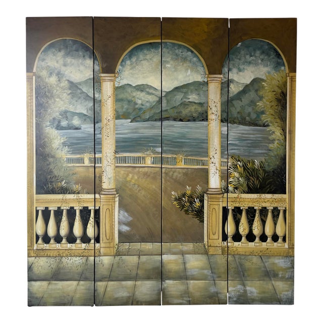 Vintage Hand-Painted Four-Panel Folding Screen – Architectural Landscape Room Divider For Sale