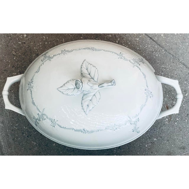 Vintage German Kaiser Rokokoform Dubarry ‘Midinette’ Porcelain Tureen in White With Blue Flowers, Embossed Scrolls & Rosebud Finial Handle on Lid For Sale - Image 11 of 12