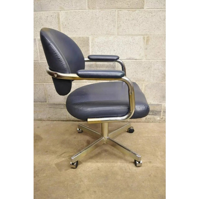 Late 20th Century Vintage Chromcraft Mid Century Modern Blue Vinyl Rolling Office Desk Chair B For Sale - Image 12 of 12