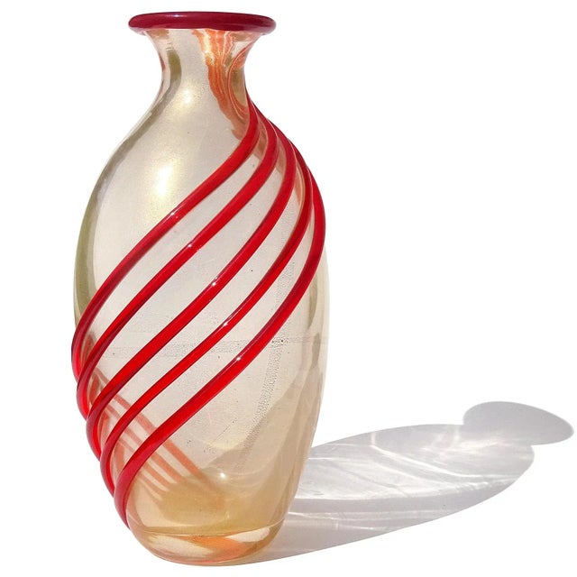 Gorgeous, large vintage Murano hand blown gold flecks with red bands Italian art glass flower vase. Documented to designer...