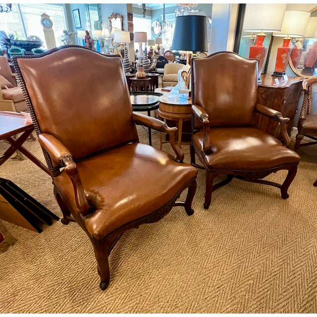 Pair Large French Regence Style Beechwood Leather Arm Chairs/Fauteuils For Sale - Image 10 of 10