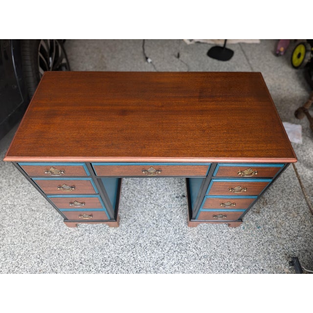 Teal Vintage Pedestal Horseshoe Desk Botanical Collection For Sale - Image 8 of 18