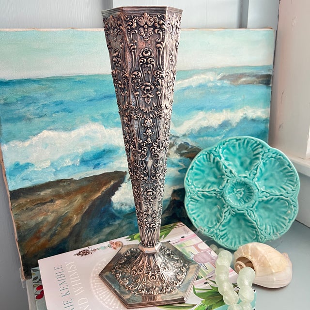 Metal Vintage Large Repousse Flute Vase by Barbour Silver Co. For Sale - Image 7 of 10