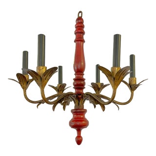 1950's Italian Arts and Crafts Style Turned Wood With Metal Tole 6-Light Chandelier For Sale