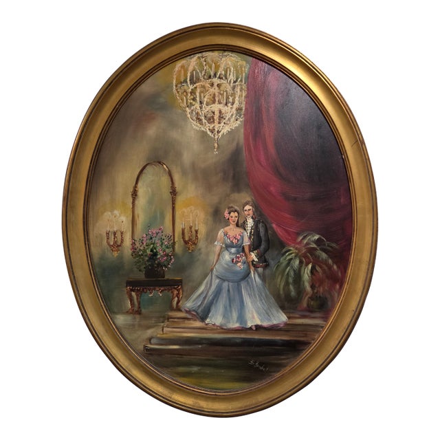 Vintage Victorian Oil Painting With Oval Gold Frame For Sale