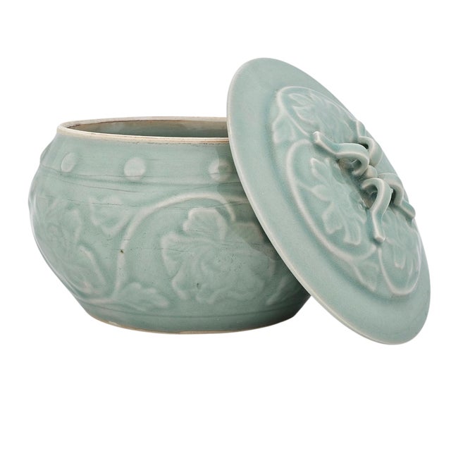 Chinoiserie VTG Chinese Longquan Style Celadon Lidded Jar Relief Floral Round Form 8" For Sale - Image 3 of 13