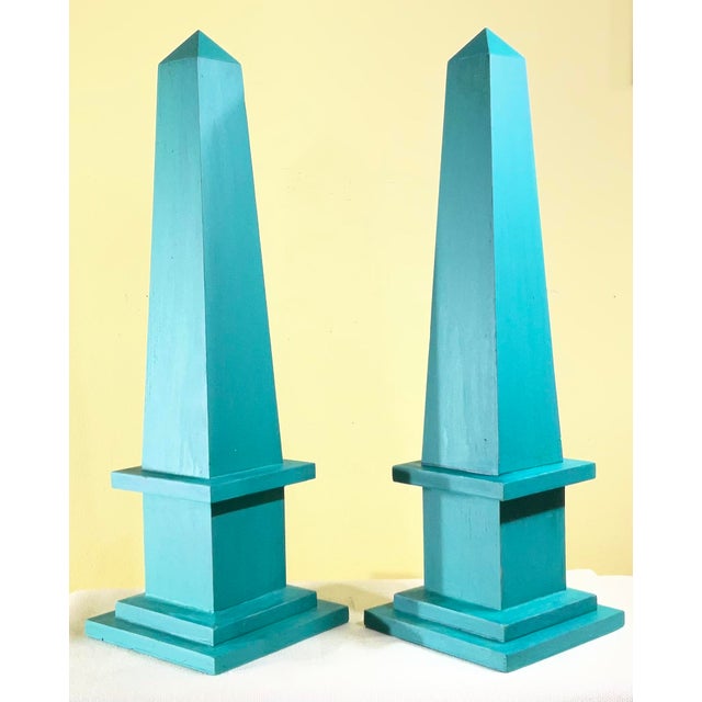 Pair of Hand-Painted Solid Wood Decorative Obelisks – Vibrant Turquoise Color For Sale - Image 15 of 15