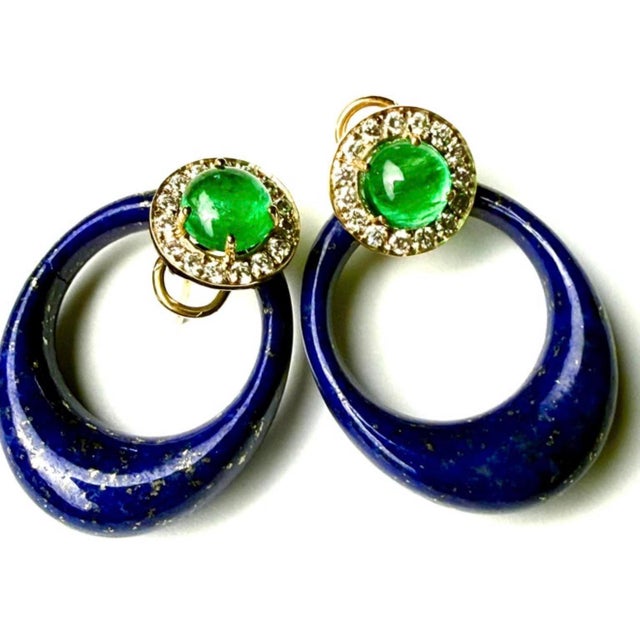 2020s 14k Yellow Gold Emerald, Diamond & Lapis Door Knocker Clip-on Earrings, Pair For Sale - Image 5 of 9