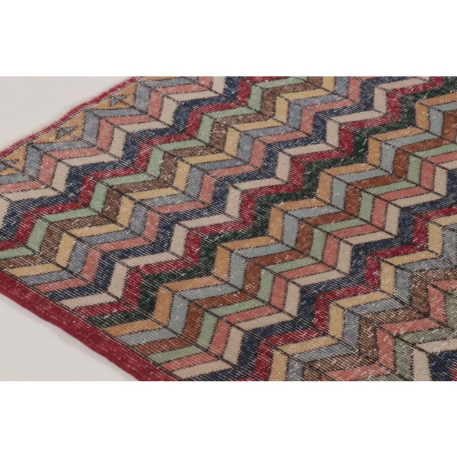 Red Vintage Turkish Rug With Distressed Chevron Pattern in Multicolor - Rug & Kilim For Sale - Image 8 of 10