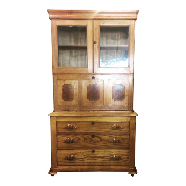 Antique Oak & Walnut 2 Piece Drop Front Secretary Bookcase For Sale