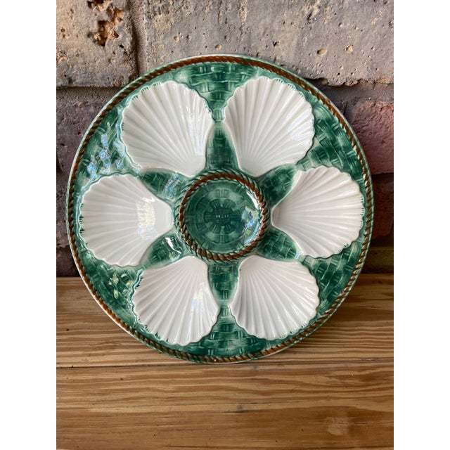 Vintage 1950s French Longchamp Green and White Oyster Plate For Sale - Image 14 of 16