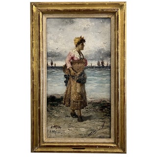 Frederick Reginald Donat, Woman with Fish Net, Oil on Wood, Framed For Sale