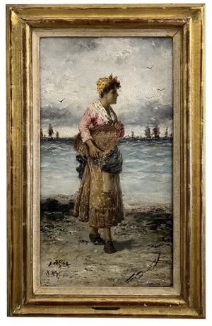 Frederick Reginald Donat, Woman with Fish Net, Oil on Wood, Framed