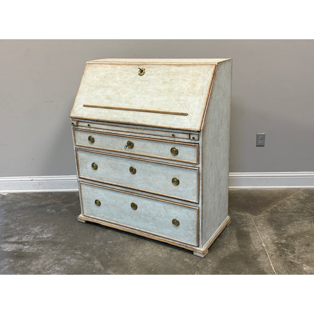 Early 19th C. Swedish Gustavian style painted drop front desk light blue grey in color with brick red painted interior,...