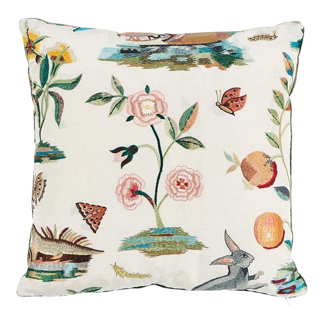 Schumacher Royal Silk Embroidery 14" Pillow in Green For Sale