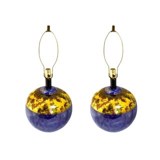 Blue Shiny Ball Table Lamp With Gold For Sale