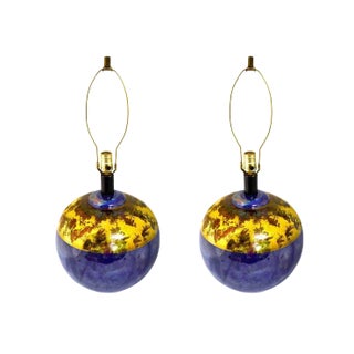 Pair Iridescent Blue Orb Table Lamps by Casual Lamps 1991 For Sale