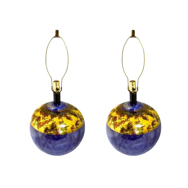 Pair Round Blue and Gold Iridescent Table Lamps | by Casual Lamps 1980 For Sale