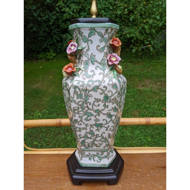 Mid-Century Asian Porcelain Famille Verte Lamp With Figural Relief Flower Vine Handles For Sale - Image 4 of 12