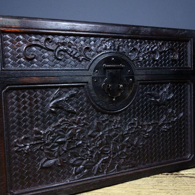An exquisite vintage Chinese rectangular hardwood box, crafted from dense, dark Purple Sandalwood (Zitan). The lid...