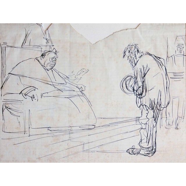 Pen drawing on paper. Not signed. Fair condition due to some missing edges. This piece is attributed to the mentioned...