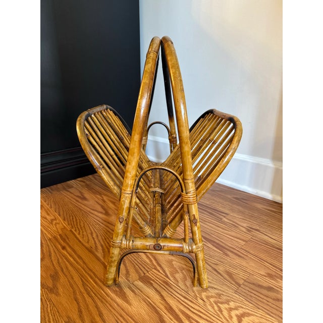 Camel Coastal Tortoise Shell Bamboo & Rattan Arched Handle Collapsible Magazine Rack For Sale - Image 8 of 11