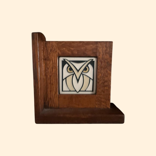 2020s Pair of Motawi Oak Bookends With Owl Tile Insets For Sale - Image 5 of 6