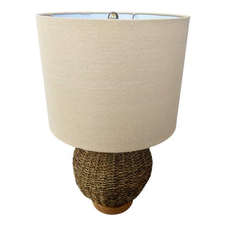 Coastal Natural Woven Rattan Seagrass Side Table Lamp For Sale