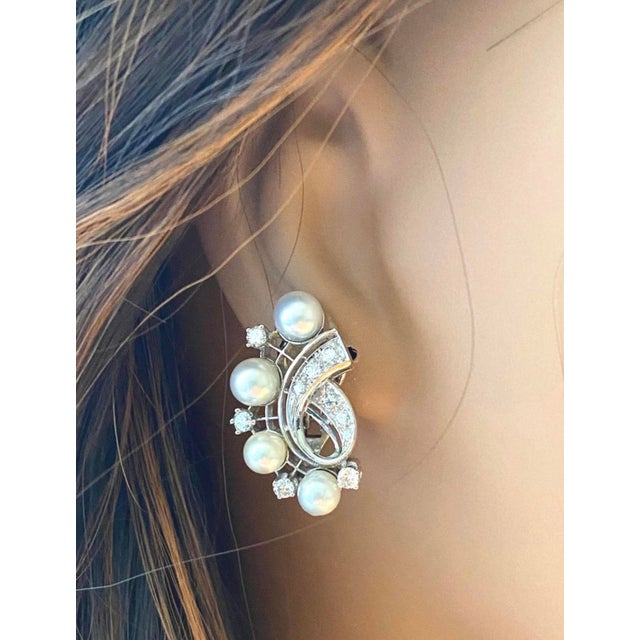 Vintage Mid Century 14k White Gold Diamond Pearl Clip-on Earrings, A Pair For Sale - Image 4 of 8