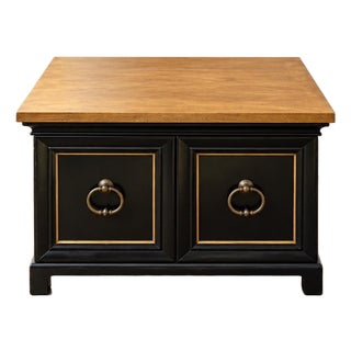 1970s Classic MCM Black and Gold Two Door Accent Cabinet With Brass Ring Pulls For Sale