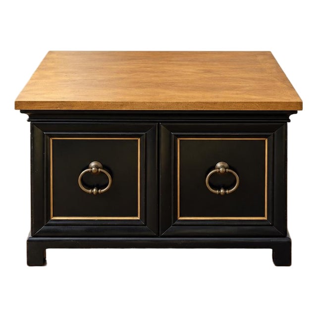 1970s Classic MCM Black and Gold Two Door Accent Cabinet With Brass Ring Pulls For Sale