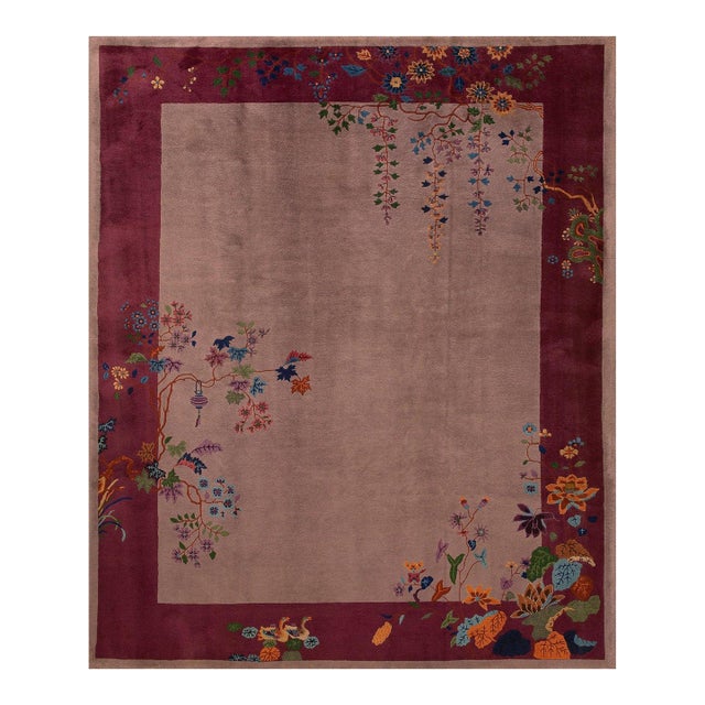 1920s Tan Taupe Flowers Antique Chinese Art Deco Carpet 8' X 9' 9'' by Nichols Workshop Rug For Sale